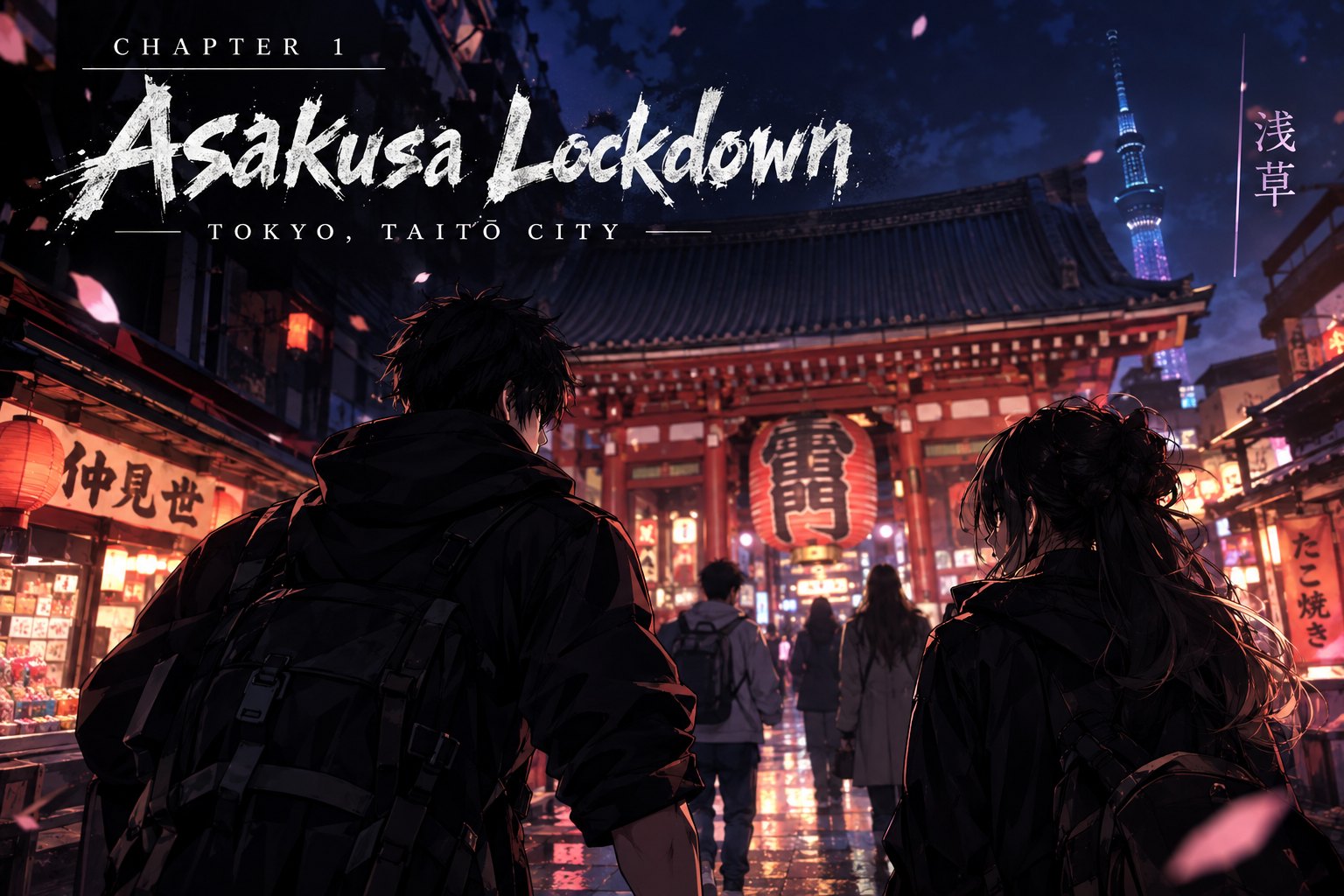 Two travelers facing a lantern-lit temple gate in Tokyo at night